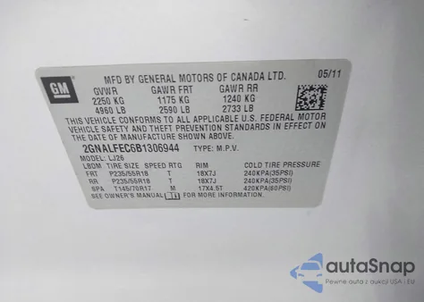 2011 Chevrolet Equinox Ltz z USA, uszkodzony, nr VIN 2GNALFEC6B1306944